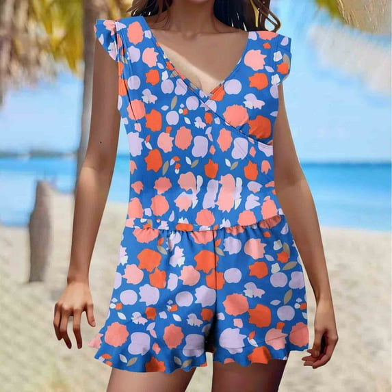 2025 One Piece Swimsuit Women Built in Bra Shorts Bathing Suits Full Coverage Ruffle Sleeve Romper Swimsuits with Pocket