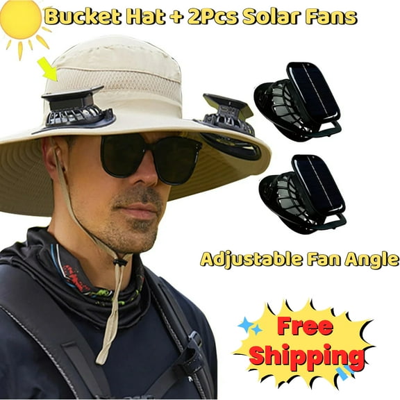 2025 Outdoor Wide Brim Sun Hat with 2 Solar Fan -Sun Bucket Hat for Men Women, UPF 50+ Bucket Fishing Beach Hat Fan Built in (Khaki)