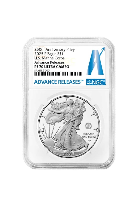 2025-P $1 1-oz Proof American Silver Eagle Marine Corps Privy NGC PF70UC AR Advance Releases Label 250th Anniversary