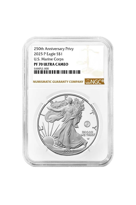 2025-P $1 1-oz Proof American Silver Eagle Marine Corps Privy NGC PF70UC Brown Label 250th Anniversary