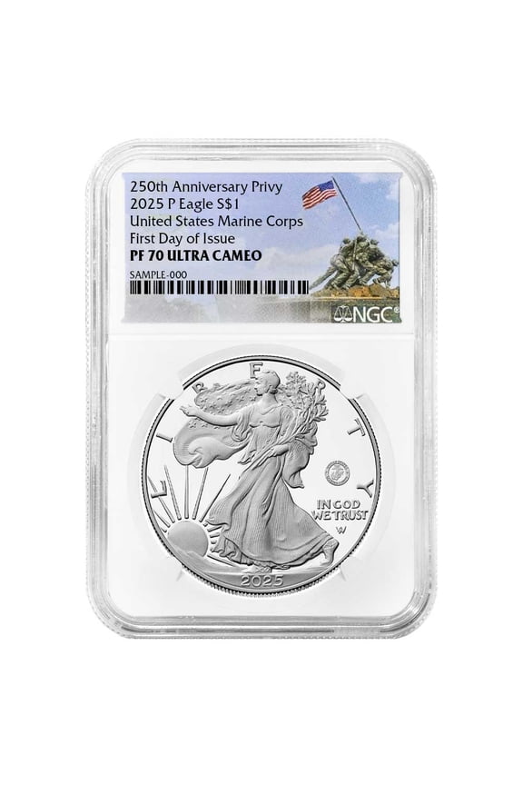 2025-P $1 1-oz Proof American Silver Eagle Marine Corps Privy NGC PF70UC FDI Marine Label Retro Core