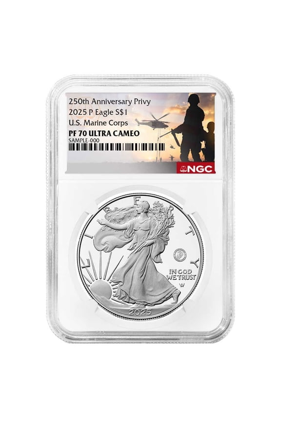 2025-P $1 1-oz Proof American Silver Eagle Marine Corps Privy NGC PF70UC Military Label 250th Anniversary
