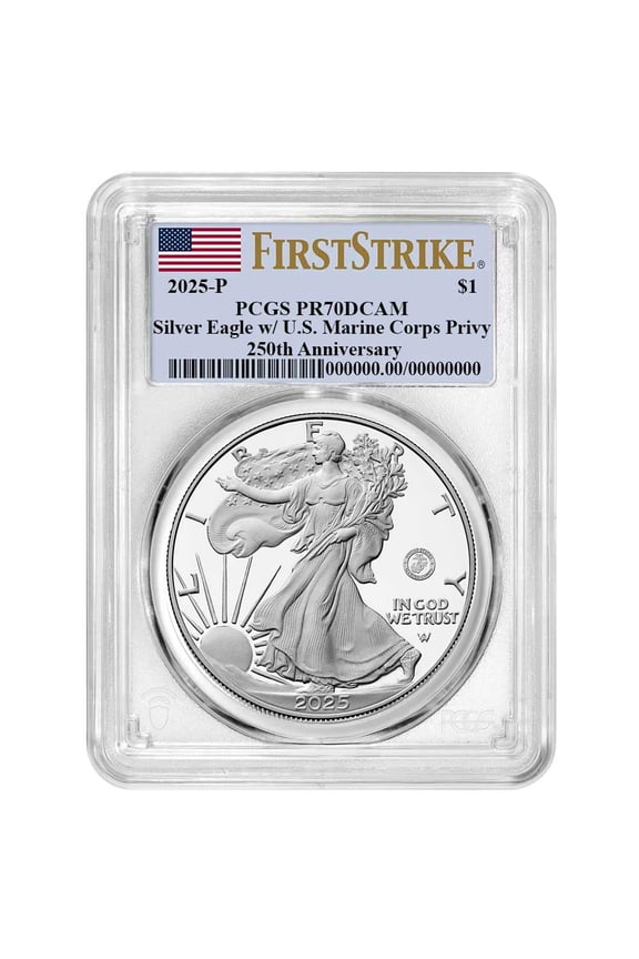 2025-P $1 1-oz Proof American Silver Eagle Marine Corps Privy PCGS PR70DCAM FS Flag Label 250th Anniversary