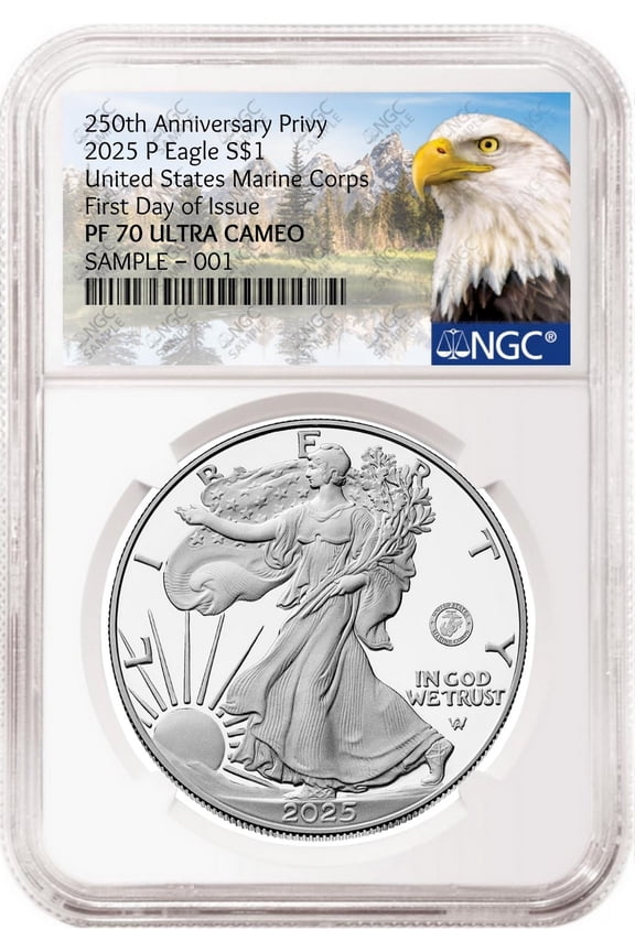 2025 P Silver Eagle Marine 250th Anniversary Privy NGC PF70 First Day of Issue Mtn