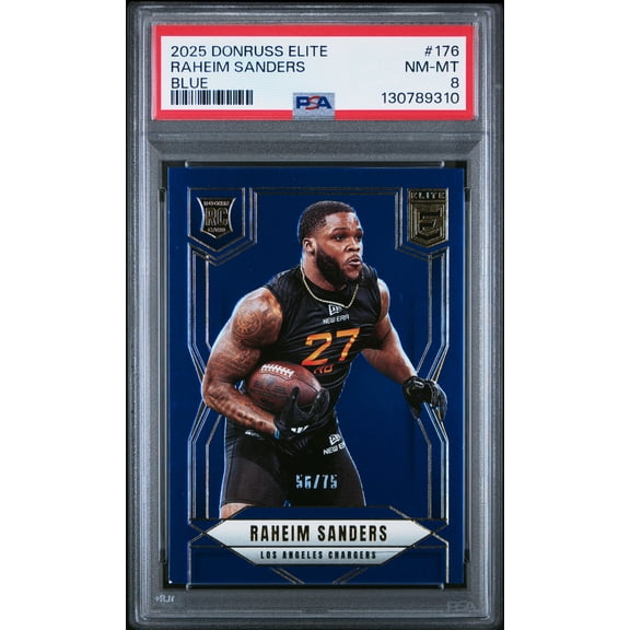 Graded 2025 Panini Donruss Elite Blue 56/75 Raheim Sanders RC Rookie #176 PSA 8