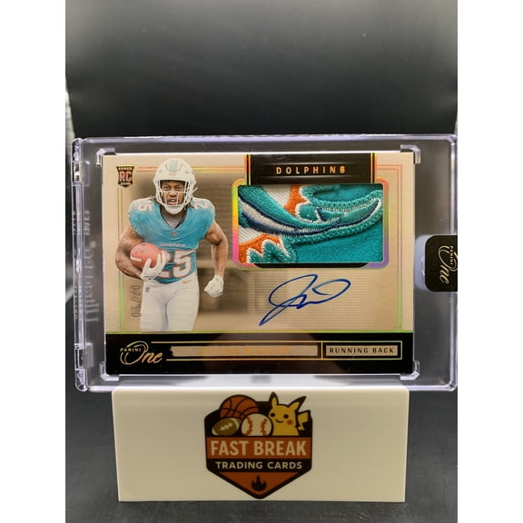 2025 Panini One Football Gold Foil Patch RC Auto 07/10 Jaylen Wright #28 Miami Dolphins