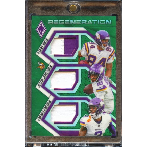 2025 Panini Phoenix Regeneration Green #RGN-MIN Triple Memorabilia Randy Moss Justin Jefferson Jordan Addison 14/99
