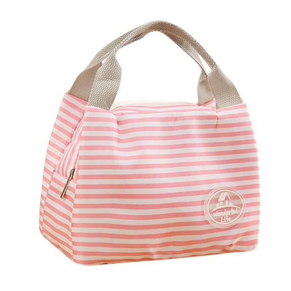 2025 Plan, Lunch Bag, Kaireo New Cooling Bag Thickened Lunch Bag Striped Pink, Insulated Cold Canvas Stripe Picnic Carry Case Thermal Portable Lunch Bag