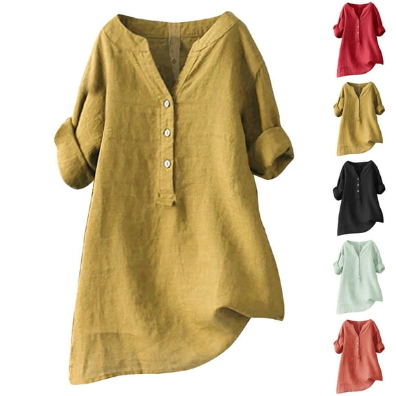 2025 Plus Size Women's Linen 3/4 Sleeve Loose Round Neck Casual Summer Blouse