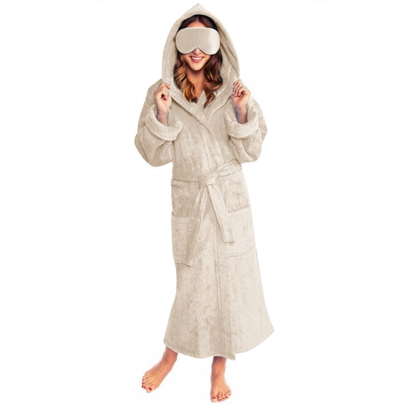 2025 Plush Robes for Women with Eye Mask Warm Fleece Hooded Bathrobe Super Soft Long Spa Robe with Pockets