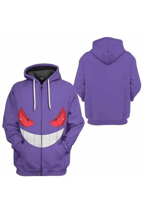 2025 Pokémon Anime - Gengar Cosplay Hoodie with Digital Print Zipper Jacket for Men (Pokémon Concierge Department)