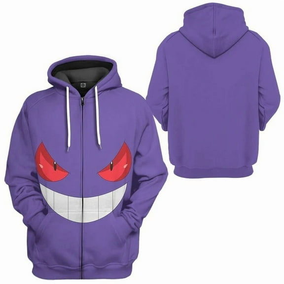 2025 Pokémon Anime - Gengar Cosplay Hoodie with Digital Print Zipper Jacket for Men (Pokémon Concierge Department)