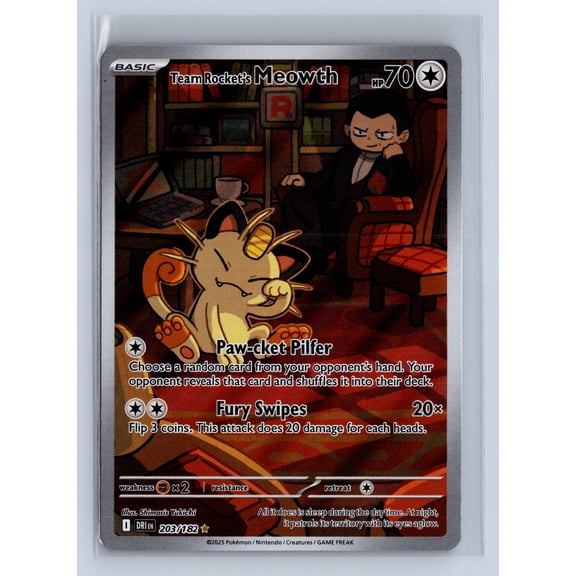 2025 Pokemon Destined Rivals Team Rocket Meowth Secret Rare Holo #203/182 Trading Card