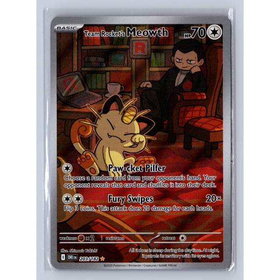 2025 Pokemon Destined Rivals Team Rocket's Meowth Holo Secret Rare Trading Card #203/182