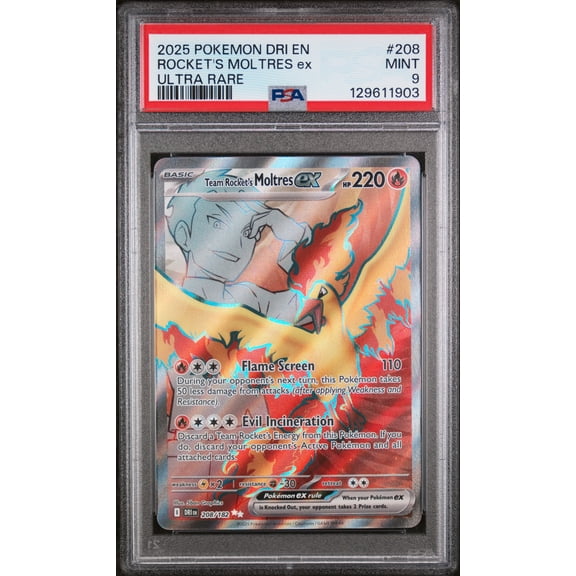 Graded 2025 Pokemon EN-Destined Rivals Rocket's Moltres EX Ultra Rare PSA 9 #208 Trading Card