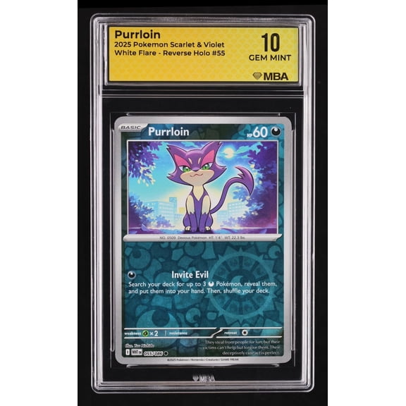 Graded 2025 Pokemon Scarlet & Violet White Flare Purrloin Reverse Holo MBA 10 #55 Trading Card