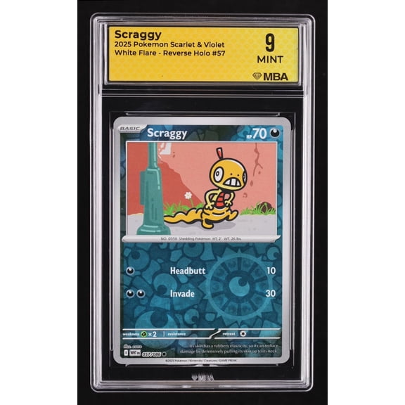 Graded 9 MBA 2025 Pokemon Scarlet & Violet White Flare Reverse Holo Scraggy #57