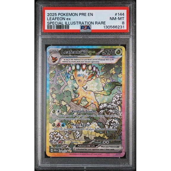 2025 Pokemon Scarlet and Violet Prismatic Evolutions Special Illustration Rare Leafeon Ex #144 PSA 8