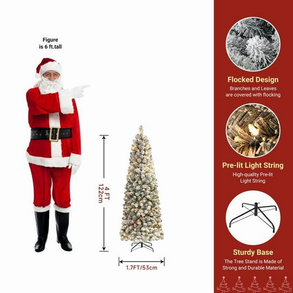 2025 Pre-lit Snow Flocked Slim Christmas Tree with Warm White Lights & Dense Snow Flocked Branches, Ideal Pencil Tree Decoration