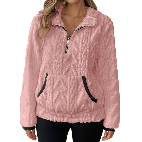 2025 Quarter Zip Pullover Women Cable Fuzzy Fleece Pullover Sherpa Fall Warm Oversized 3/4 Zip Sweatshirt & Pockets