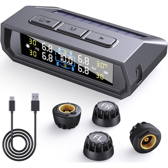 2025 RV Tire Pressure Monitoring System,0-87 PSI Tire Pressure Monitor System with Solar Charge,TPMS with 4 Sensors&6 Alarm Modes, Color LCD&Car Temperature Display for RV Trailer