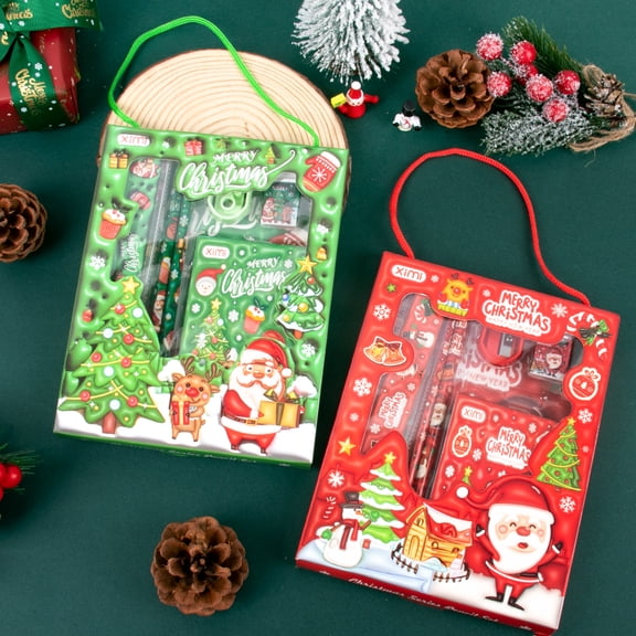 2025 Red Green Christmas Stationery Favor Pack Set - Santa Xmas Tree Pattern Gift Box with Pencil Eraser Note Book for Navidad