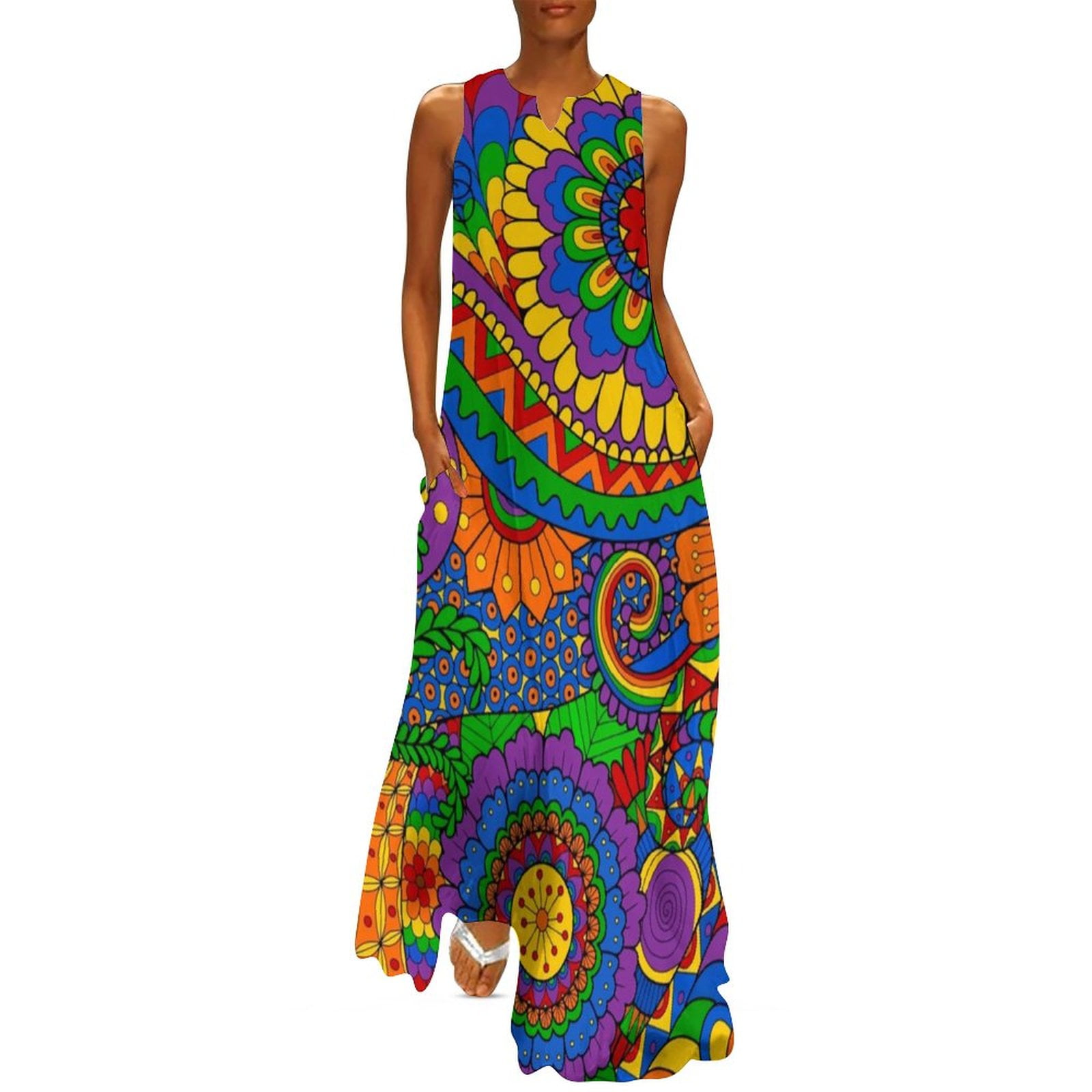 2025 Retro Floral Hippy Dress Trippy Flower Print Cute Maxi Dress
