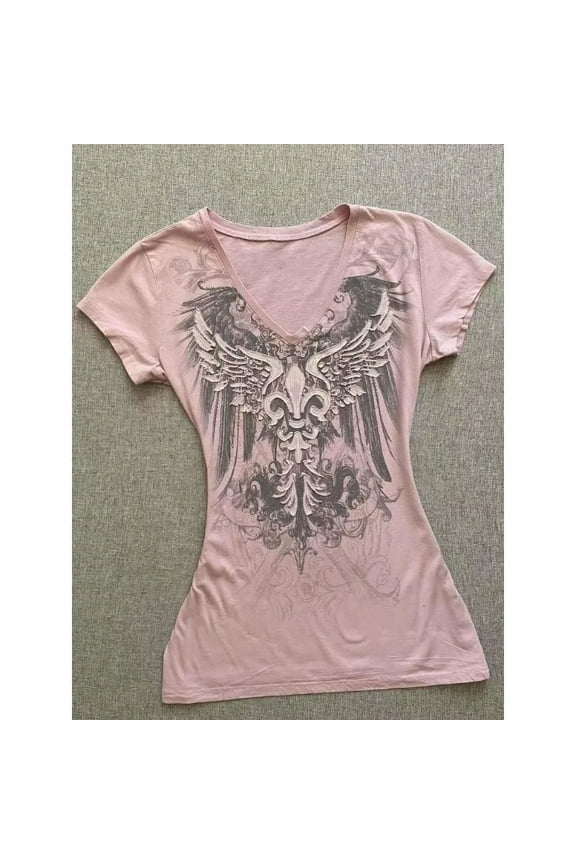 2025 Ropa Mujer Summer Tshirts for Women V-neck Short Sleeve Tunic Camisetas Pink Print Tees Crop Tops Casual Chic Y2k T-shirt