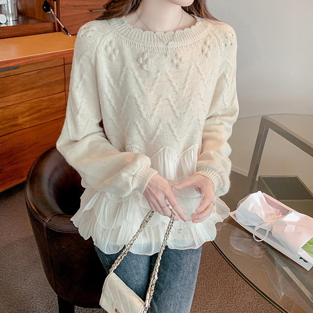 Elegant Knit Sweater With Round Neck And Tulle Ruffles And Floral Embellishments For Women Autumn main image 1