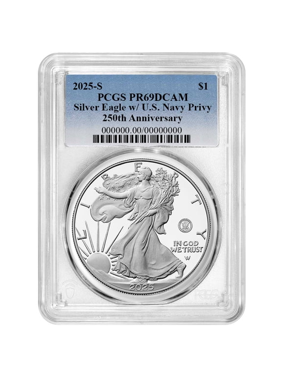 2025-S Proof $1 American Silver Eagle Navy Privy PCGS PR69DCAM Blue Label 250th Anniversary
