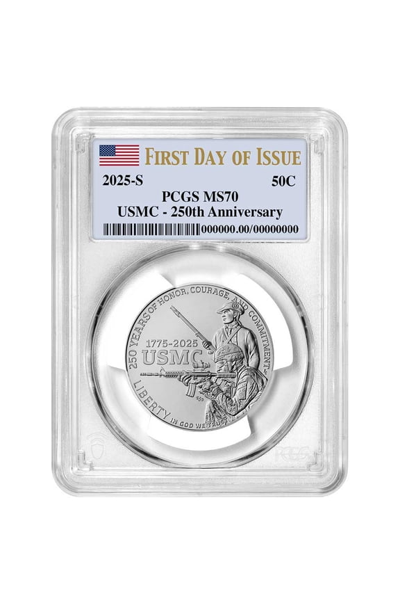 2025-S UNC Clad 50c U.S. Marine Corps 250th Anniversary Commemorative PCGS MS70 FDOI Flag Label