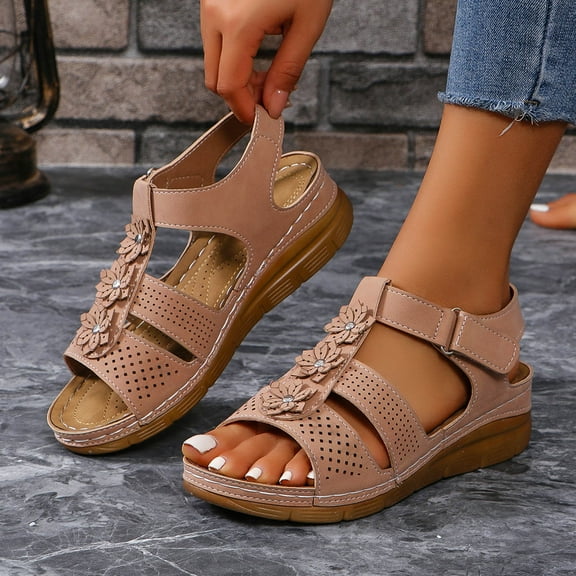 2025 Sandals for Women Clearance, Xunlbb Women's Summer Large Size Open Toe Flower Wedge Fish Mouth Casual Breathable Comfortable Hollow Beach Sandals(Khaki,Size:36)