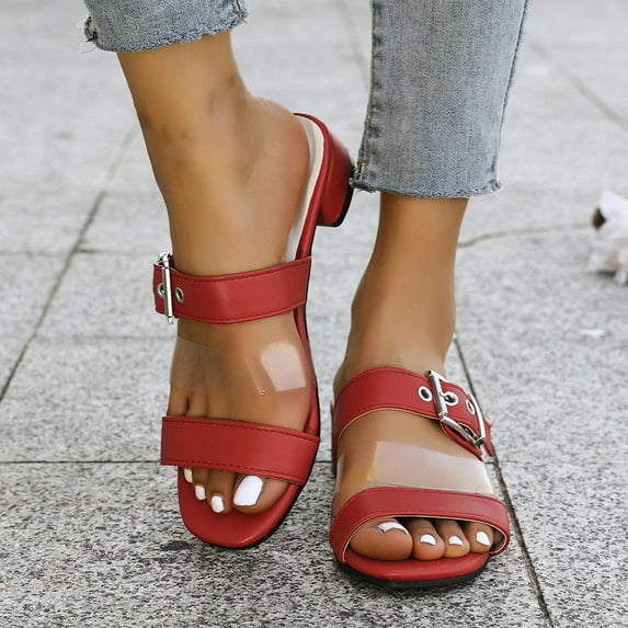 2025 Sandals for Women Clearance, Xunlbb Women's Fashion Casual Summer New Beach Fish Mouth Thick Heel Low Heel Sandals(Red,Size:40)