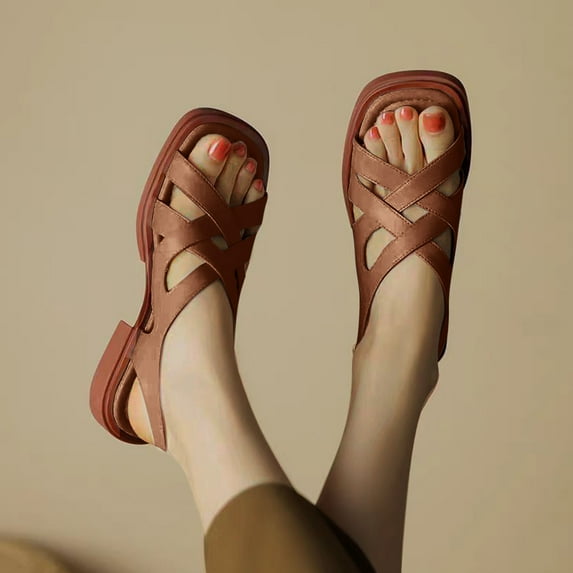 2025 Sandals for Women Clearance, Xunlbb Women's Fashion Casual Summer New Style Roman Solid Color Square Toe Flat Beach Sandals(Brown,Size:41)