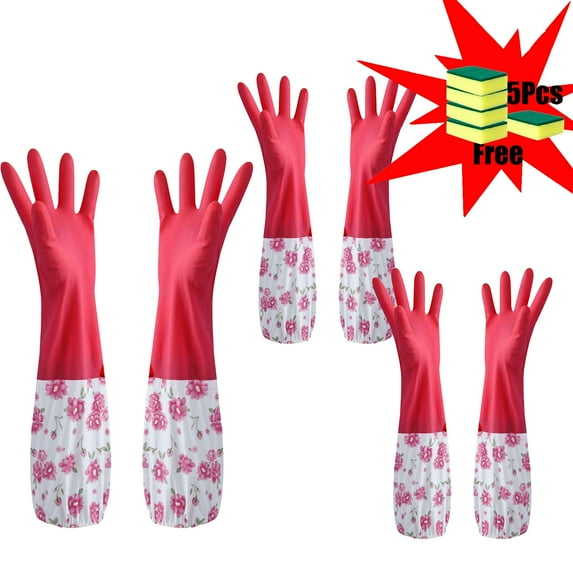 2025 Saving! Fanshiluo 3Pcs Rubber Dishwashing Gloves, Cleaning Dish Gloves with Cleaning Sponges Set for Kitchen Household Cleaning(5Pcs Sponges)