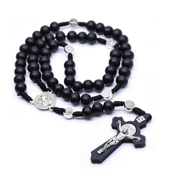 Under $5 St Benedict Black Wood Rosary,Natural Wooden Bead Beads Wooden Rosary Beads Necklace Wood Saint Benedict Medal & Catholic Cross Religious Prayer Chaplet - Black
