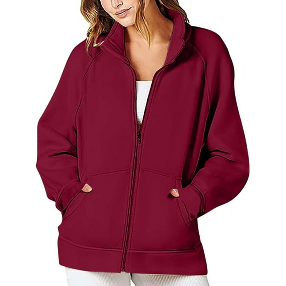 2025 Savings Full Zip Hoodless Jackets for Women Solid Color Long Sleeve Outwear Stand Collar Coat with Pockets Trendy Tops,Wine,S