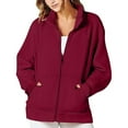 thumbnail image 1 of Black and Friday Deals 2023 Cotonie Full Zip Hoodless Jackets for Women Solid Color Long Sleeve Outwear Stand Collar Coat with Pockets Trendy Tops,Wine,XXL, 1 of 9