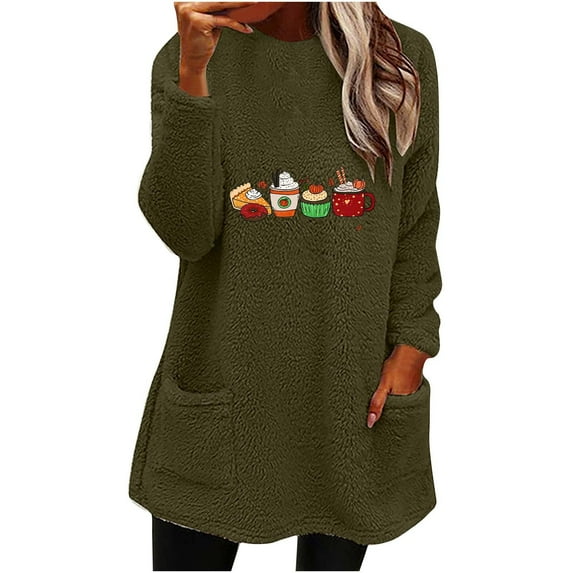Plain Pullover Round Neck Fuzzy Fleece Long Sleeve Tops Womens Thick Thermal Sweater Warm Plush Sweatshirt with Pockets,Army Green,M