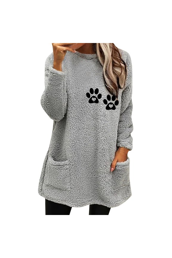 Solid Color Printed Round-Neck Fuzzy Fleece Pullover for Women Thick Thermal Sweather Warm Plush Long Sleeve Surcoat with Pockets,Gray,XXXL