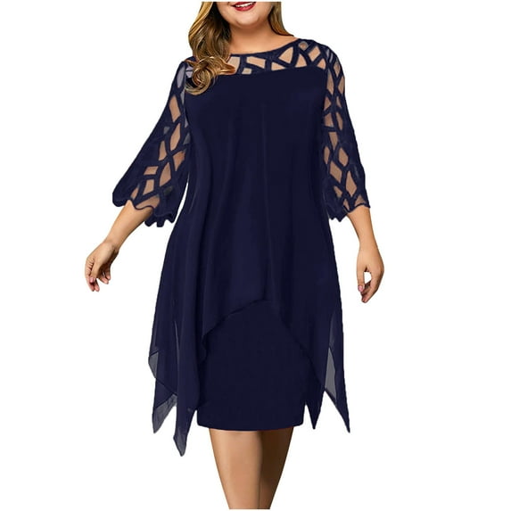 Black and Friday Deals 2023 Cotonie Women's Solid Color Stage Dresses Patchwork Mesh Long Sleeve Round Neck Skirts 2023 Trendy Casual,Blue,XL