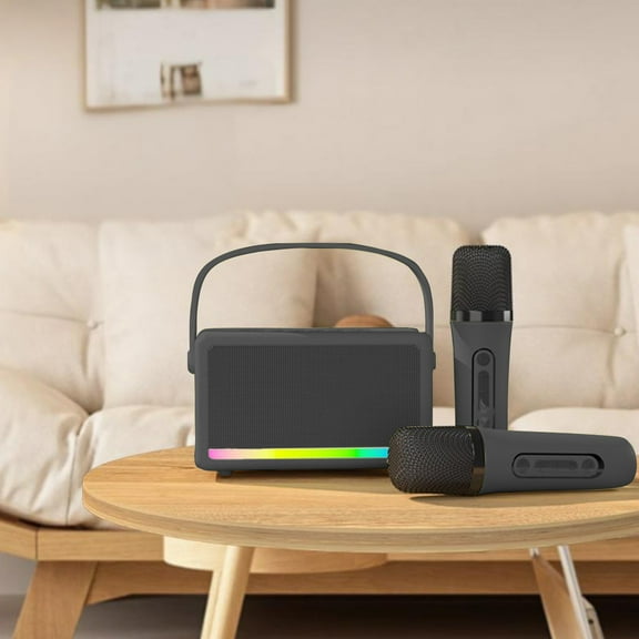 Portable Outdoor Karaoke Speaker Mini Wireless Microphone Home Sing Microphone Integrated Machine Bluetooth Speaker With Two Microphones - Black