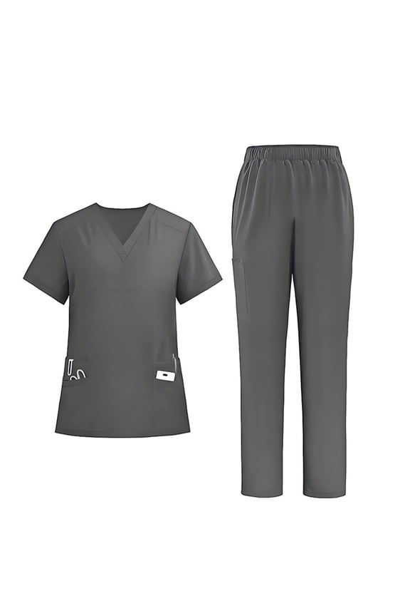 2025 Scrubs for Women Set 2 Piece Stretch V Neck Scrub Top Jogger Pant with Cargo Pockets Gray L