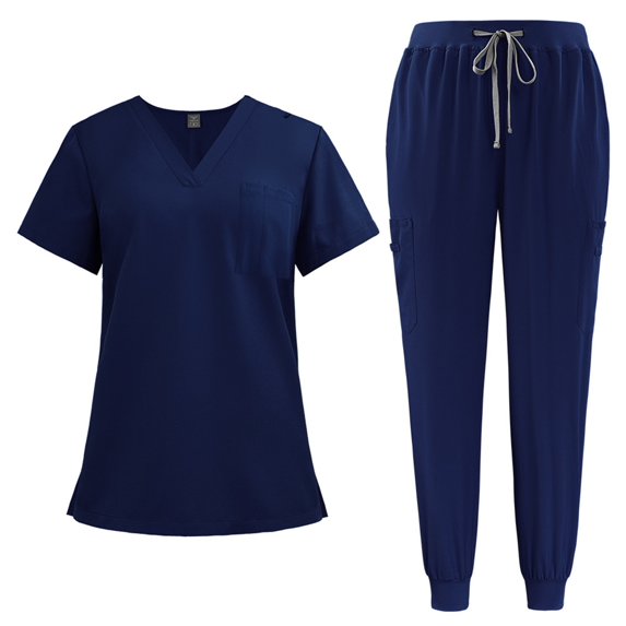2025 Scrubs for Women Set Summer Medical Uniform Stretch Short Sleeve V-Neck Scrub Top & Jogger Pant Blue Xl