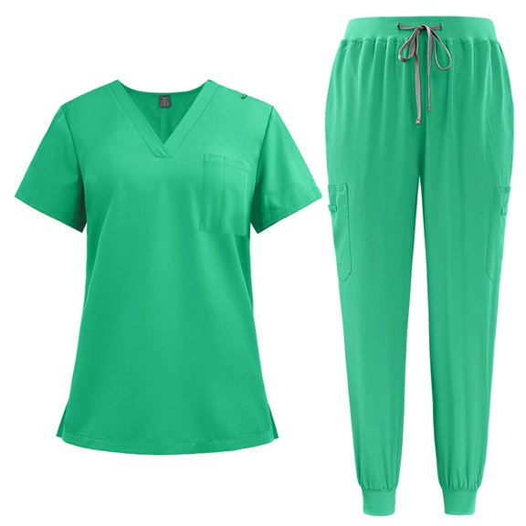 2025 Scrubs for Women Set Summer Medical Uniform Stretch Short Sleeve V-Neck Scrub Top & Jogger Pant Turquoise M