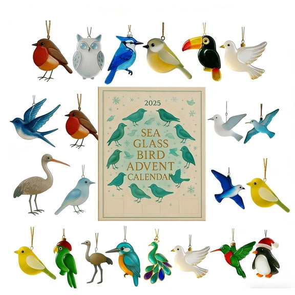 2025 Sea Glass Bird Advent Calendar 24 Days Holiday Themed Ornament Surprises Festive Christmas Countdown Calendar Decorative Sea Glass Ornaments For Display & Gifting, White, 1set