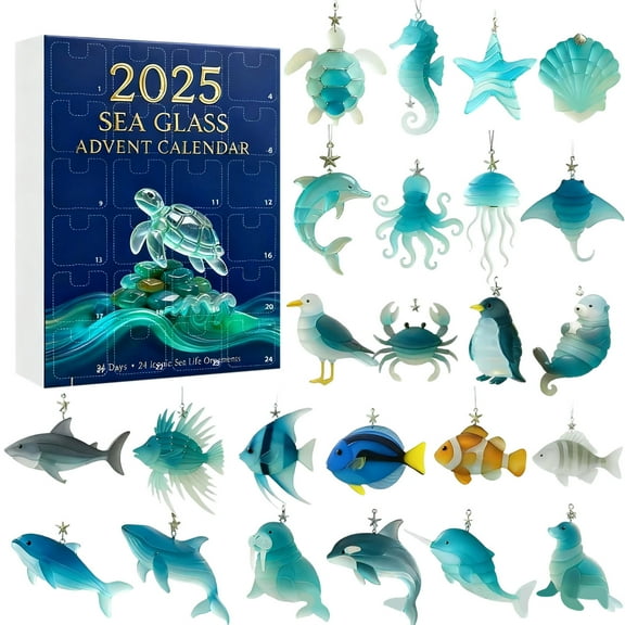 2025 Sea Glass Marine Life Advent Calendar 24-Day Countdown Handcrafted Realistic Ornament Coastal Animal Collectible Beach Inspired Holiday Decor Gift for Kids Adults Family