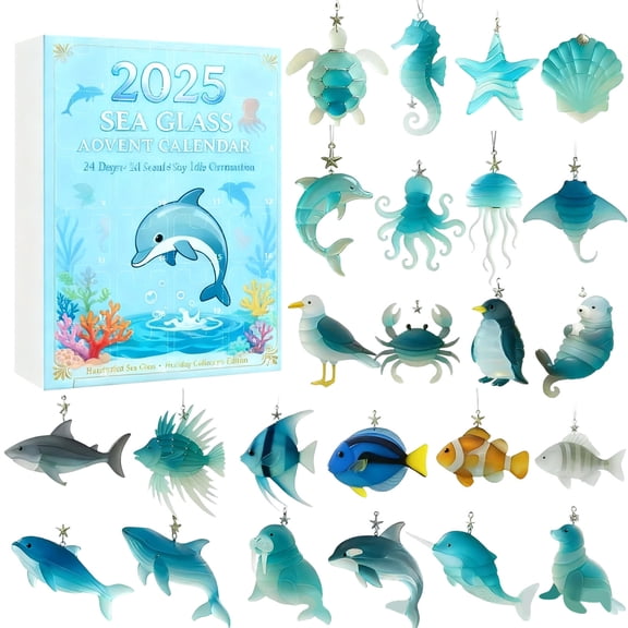 2025 Sea Glass Ocean-Themed Advent Calendar - 24 Days of Unique Realistic Ocean Animal Ornaments, Handcrafted Christmas Countdown Gift for Collectors, Seaside Christmas Decor
