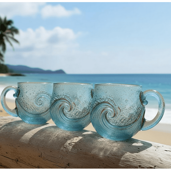 2025 Sea Glass Wave Mug, 12 oz Handblown Ocean Wave Glass Mug Cup, Unique Textured Beach Theme Mug for Tea, Wine, Handcrafted Sea Inspired Drinkware Gift for Ocean Lovers Blue 3PC