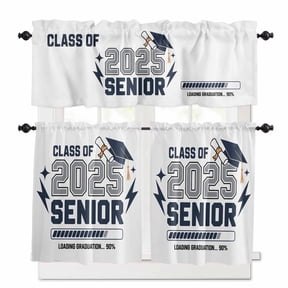 2025 Senior Kitchen Curtains Valance and Tier Set Graduation Season Navy Hat Celebration Rod Pocket Short Curtains for Small Window 3 Pieces Set for Bedroom Bathroom Cafe (54" x 18"+27" x 24")